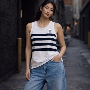 FRENCH CONNECTION FC Striped Tank Top White/Navy Logo Crest Unisex M